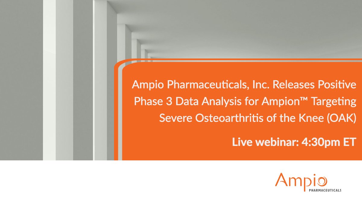 AmpioPharmaInc's tweet photo. Ampio has announced positive analysis of our Phase 3 #clinicaltrial for #Ampion from the AP-013 study, with significant reductions in #pain seen for severe #OAK patients. $AMPE
Tune in to the webinar where we will discuss this new data and next steps:
https://t.co/57qiniNIFi https://t.co/EXuSejh3pZ