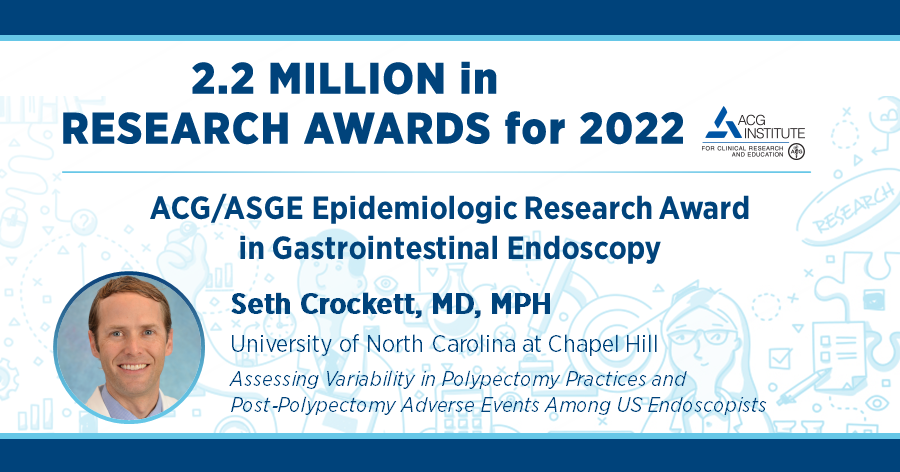 Congratulations Dr. Seth Crockett on your ACG/ASGE Epidemiologic Research Award in Gastrointestinal Endoscopy! #ACGInstitute #FutureofGI #GITwitter ➡️ gi.org/research-grant…