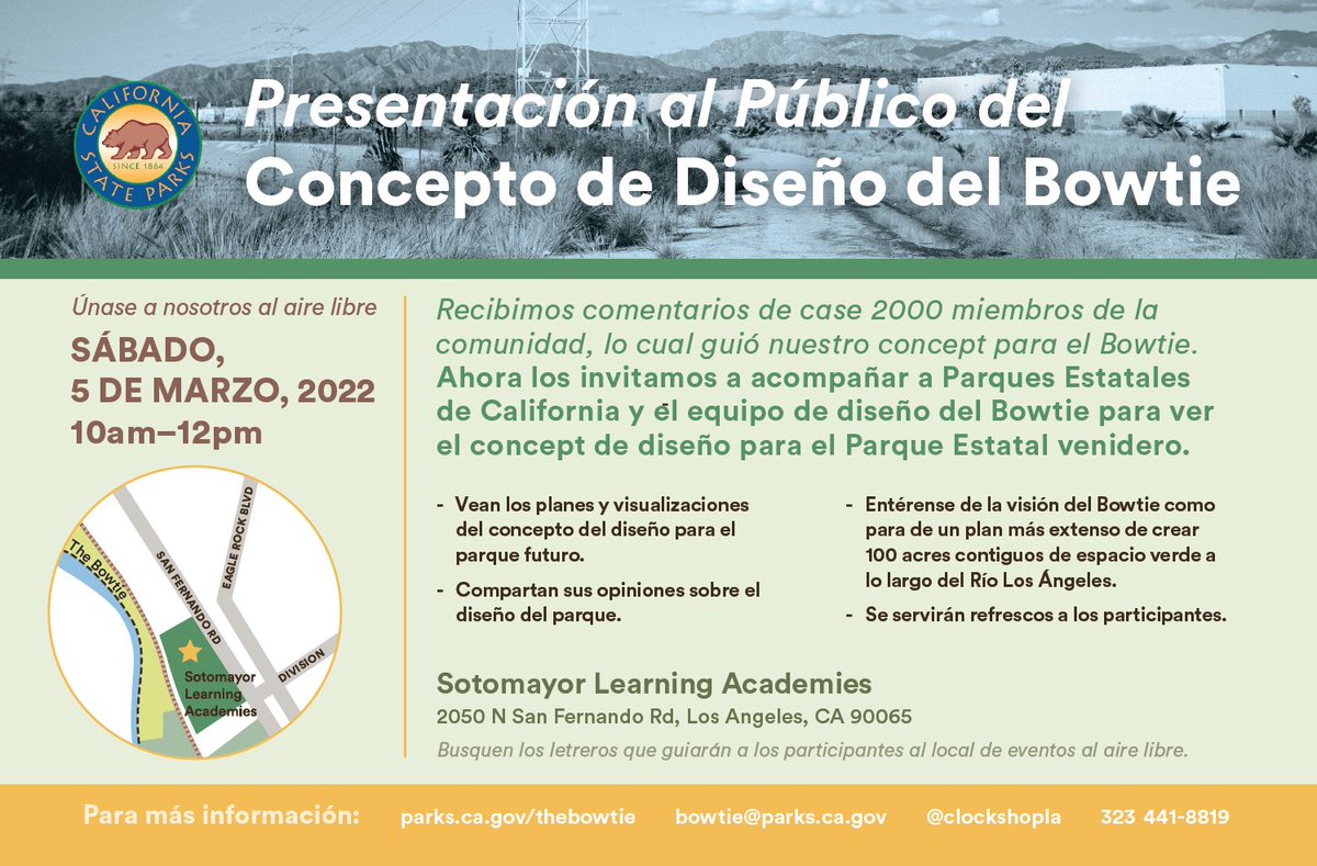 CAStateParks's tweet photo. Únase a #CAStateParks este sábado, 3/5 de 10AM a mediodía para ver los planes de diseño y proporcionar información para el #BowtieProject que ayudará a crear 100 acres de espacios verdes conectados a lo largo del río LA. Obtenga más información en https://t.co/Kf1pAjb7L8. https://t.co/7XwQOGfdKW