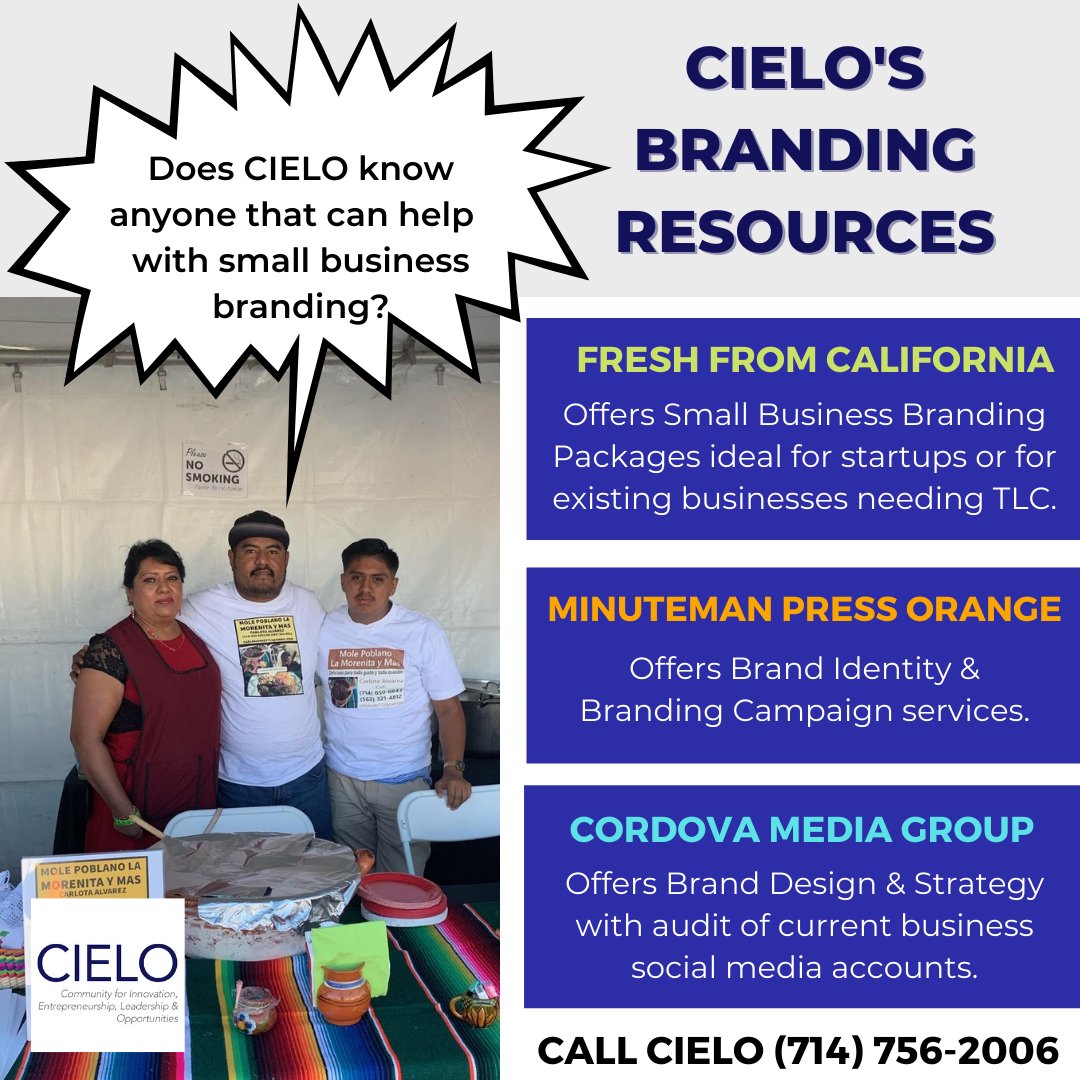How are you communicating your small business' mission, services, and products with the world? Branding is an essential responsibility for small business owners to integrate into their operations. If you need help with your branding, CIELO can connect you to a resource!