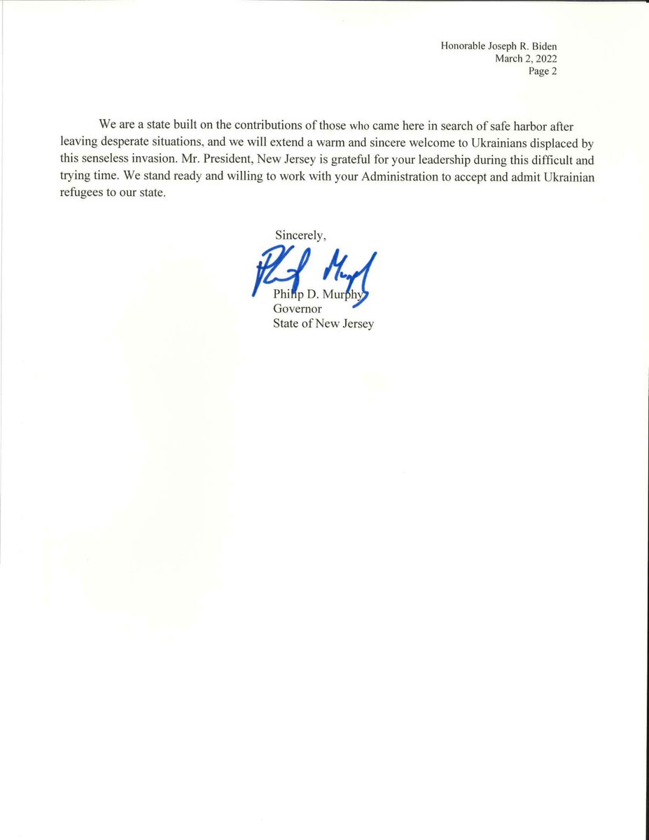 New Jerseyans watched in sadness and horror as Ukraine was invaded by Russia.

We stand ready to provide safe harbor and support to Ukrainian refugees.

Today I sent a letter to <a href="/POTUS/">President Donald J. Trump</a> making it clear that we welcome these brave individuals to the Garden State.