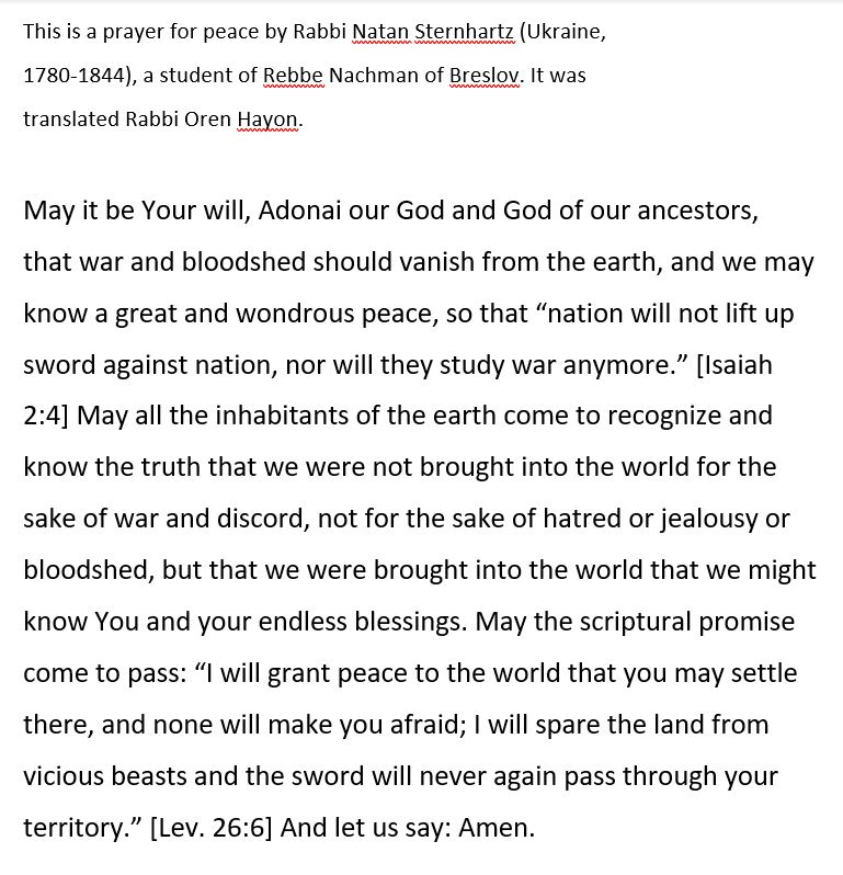 This week in RST I attended the Peace Rally downtown with dept friends and colleagues. Rabbi Werner read a beautiful prayer from a Ukranian rabbi written in the 1800s and she was kind enough to share the translation with the participants and then me by email.
