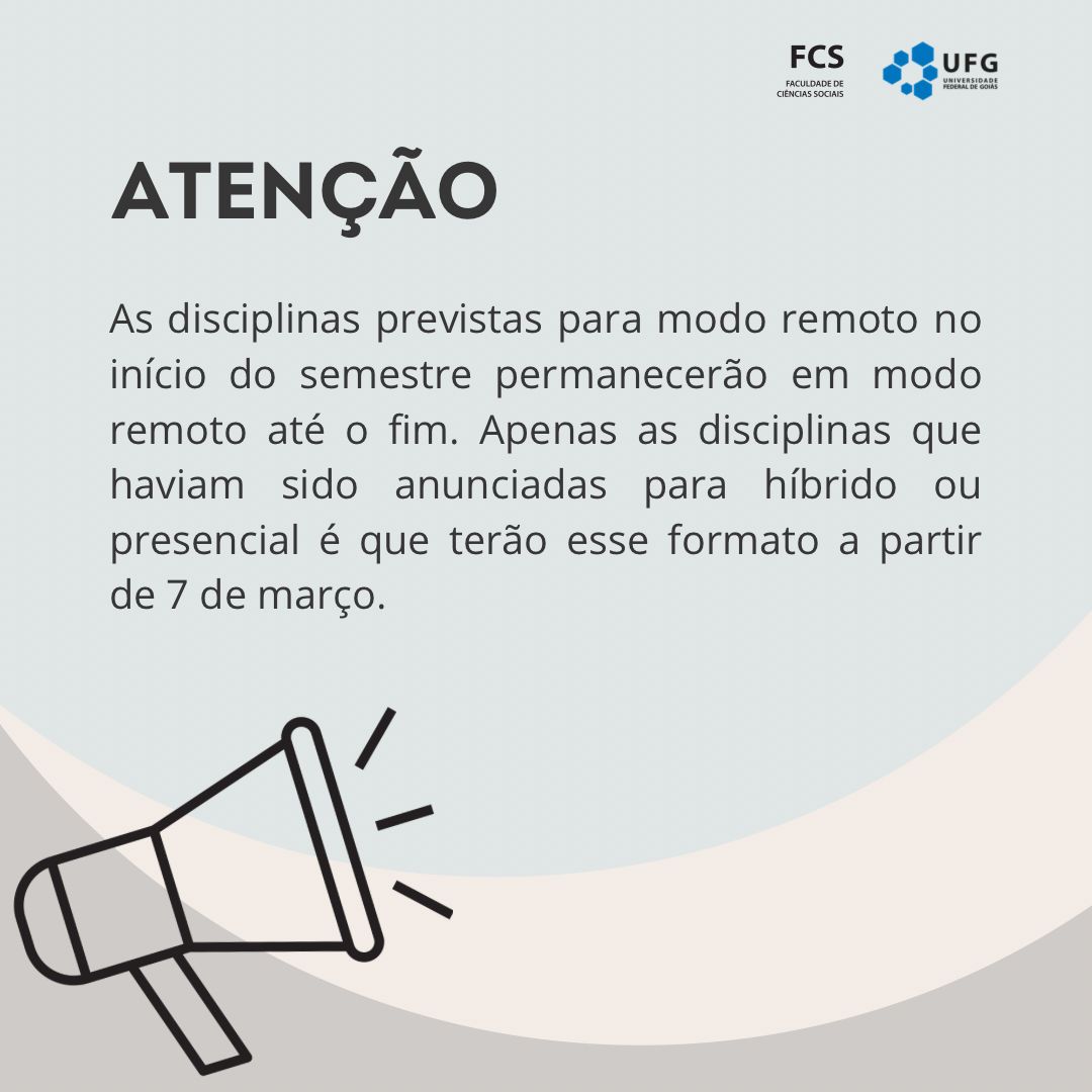 fcs_ufg's tweet photo. As disciplinas previstas para modo remoto no início do semestre permanecerão em modo remoto até o fim. Apenas as disciplinas que haviam sido anunciadas para híbrido ou presencial é que terão esse formato a partir de 7 de março.

São elas: 
(segue o fio) https://t.co/JXI8JTSNfb