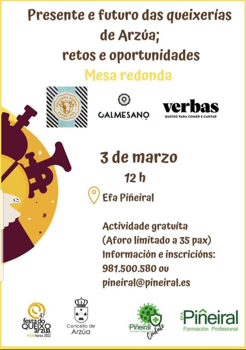 Mañá comeza o #queixo2022 coa mesa redonda "Presente e futuro das queixerias de Arzúa; retos e oportunidades."
Agardámosvos na <a href="/EfaPineiral/">EFA PIÑEIRAL</a> 
Que ganas🧀🥳!!
#festadoqueixo #queixo #Arzúa #QueixeríaBarral