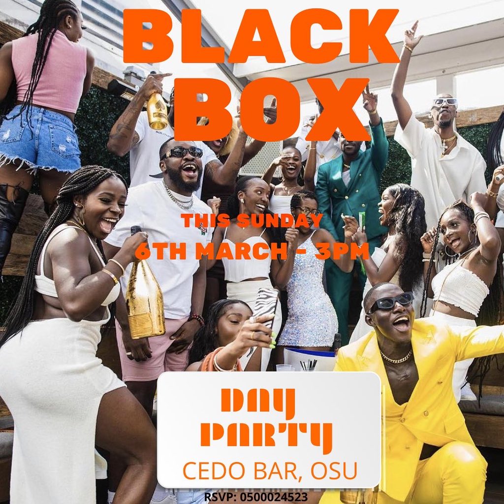 Salifu_a_razak's tweet photo. You are invited to join us this Sunday (6th March) for a Day Party (3:00 Pm)  #BlackBoxParty at Cedo Bar, Osu Click on link to accept invite. @BLACKBOXGH_  https://t.co/7caL6WZJPI https://t.co/zpXbRCYM8Y