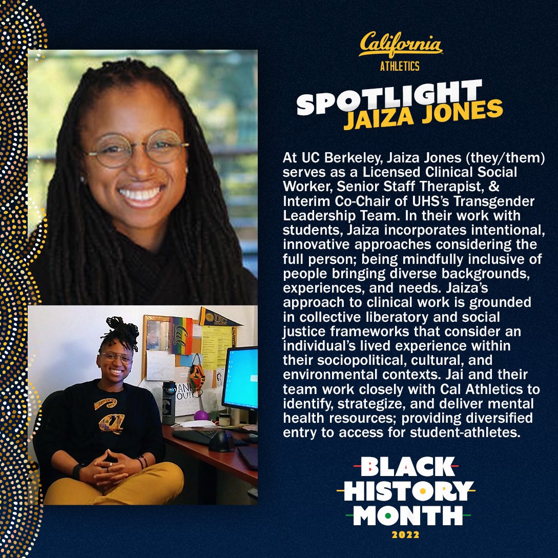 CalDeibj's tweet photo. SPOTLIGHT: UC Berkeley Clinical Social Worker, Senior Staff Therapist, &amp; Interim Co-Chair of UHS’s Transgender Leadership Team, Jaiza Jones! 

Highlighting Bears whose commitment to Justice inspires us. 
#BlackHistoryMonth #CalBHM #AccelerateDEIBJ

https://t.co/tDC87YWHjo https://t.co/twQLsevi7e