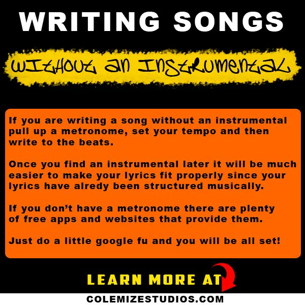 ColeMizeStudios's tweet photo. Are you writing songs without an instrumental? Check out this tip that will help you fit lyrics to a beat after it has already been written without one. 
For more tips just like this one, visit https://t.co/CtHRNA0D83 #songwriting #lyrics #music #writing #rap #rapping #mixtap https://t.co/ix5goLpEJY