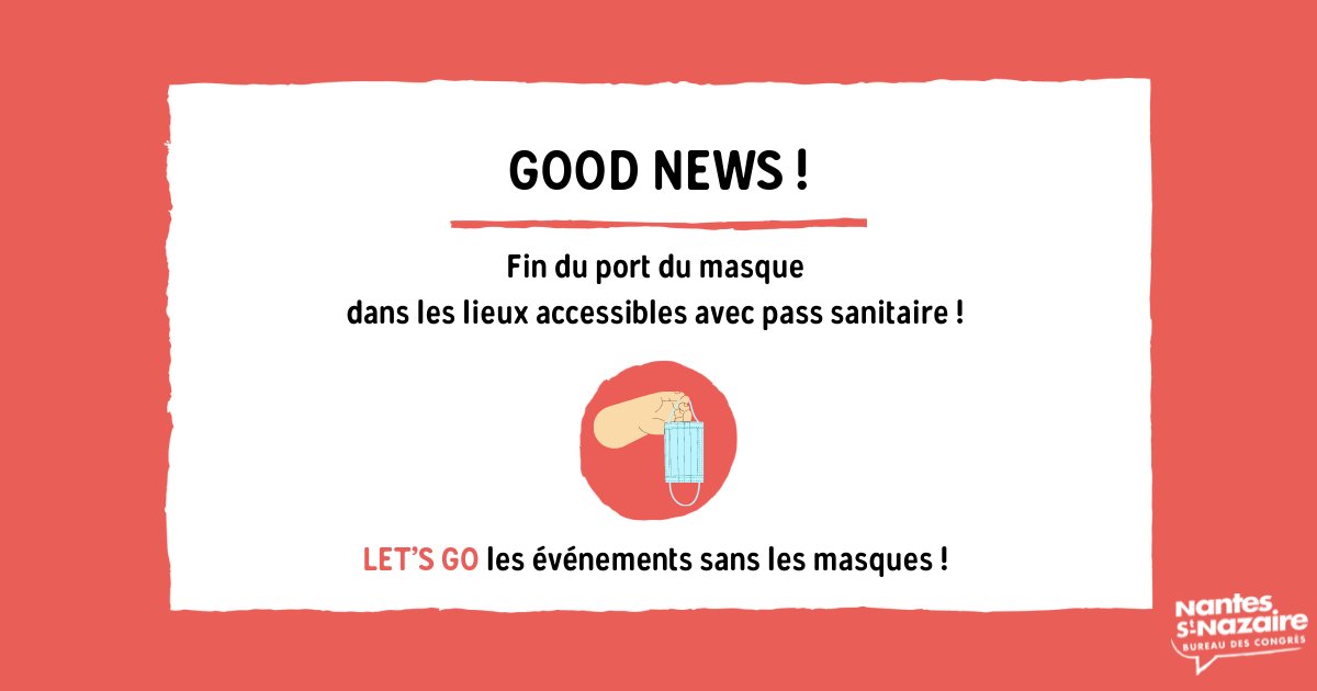 📣 GOOD NEWS !  

👉 C'est la fin du port du masque dans les lieux accessibles avec pass sanitaire ! (dans les lieux clos soumis au pass vaccinal)

🥳 Quel plaisir de se retrouver lors d'événements sans masque ! 

Et vous ? Par quel événement allez-vous commencer ? 
#eventprofs