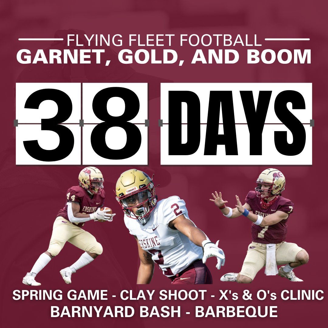 FleetFB's tweet photo. -
The countdown is on for the Flying Fleet Football Garnet, Gold, &amp; Boom!  Don't miss out on the college football event of the year, right here at Erskine College!
Hit the link below to read more and REGISTER NOW⬇️
https://t.co/ByDKXhrBiY 
#TheFleetWay https://t.co/lXmlaSYLOe