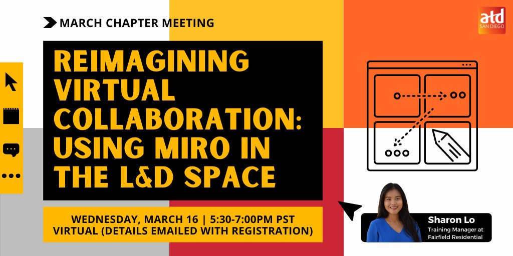 atdsandiego's tweet photo. Join us for our MARCH CHAPTER MEETING on the 16th! Sharon Lo will be sharing use cases for Miro in the L&amp;D Space. Register here: https://t.co/3Fhkmqf4rK 😃

#ATD #ATDSanDiego https://t.co/fnsQLuuvD6