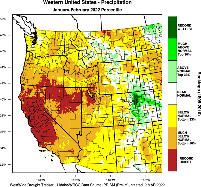 Weather_West's tweet photo. Jan-Feb 2022 period was driest on record (in at least 127 years) across nearly all of northern &amp; central California, as well as much of northern Nevada and NW Utah. Drier than average nearly everywhere in West (except record wet along Colorado Front Range!). #CAwx #NVwx #CAwater https://t.co/JaPDWcy07R