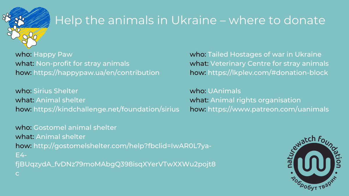 HELP UKRAINE ANIMALS We’ve put together a short list of #Ukraine animal shelters &amp; organisations that are on the ground. So many of you have asked how to help or where to donate. Thank you ❤️ 

Clickable links follow in thread…. 
💙💛 #UkraineAnimals #WeStandWithUkraine