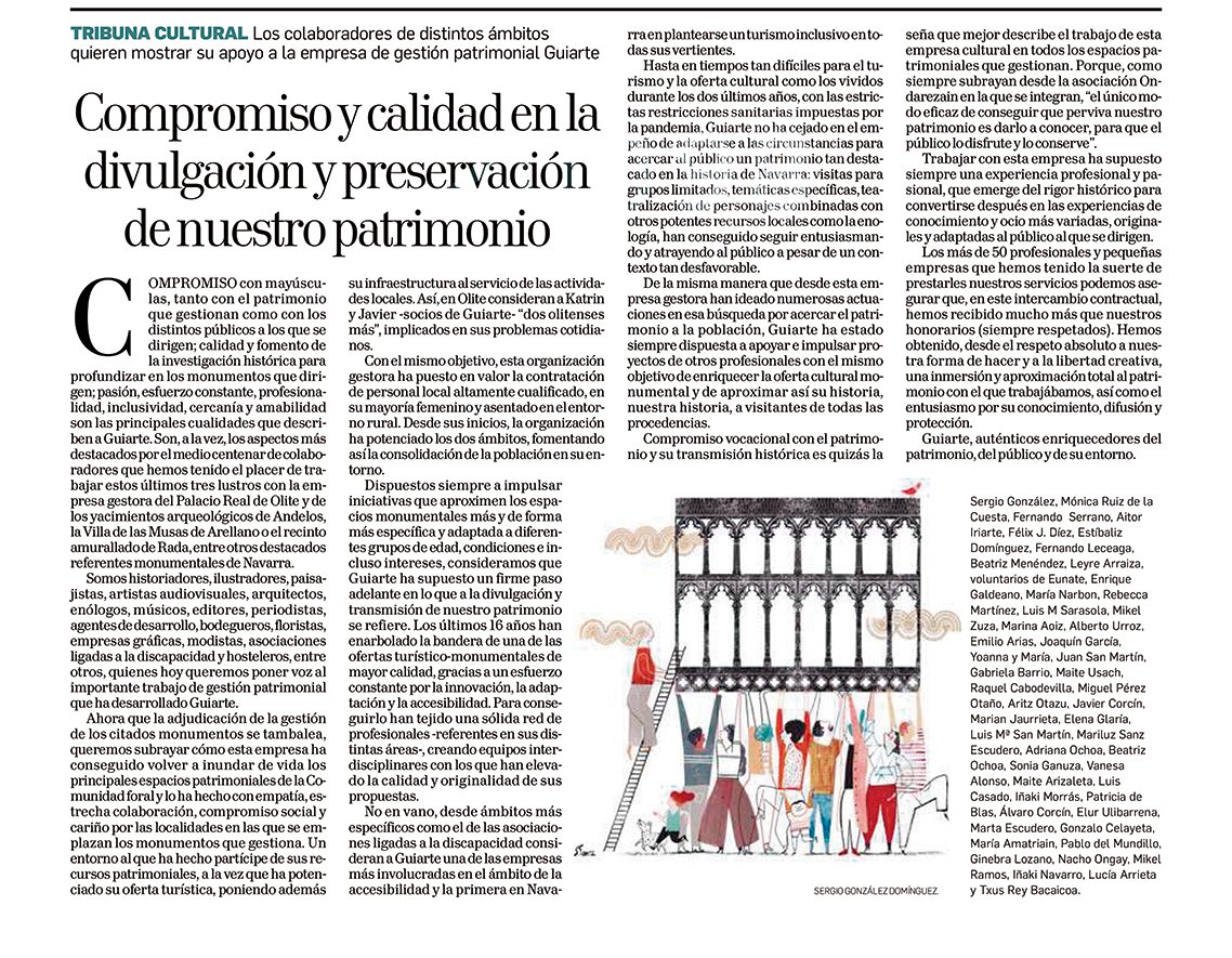 'Compromiso y calidad en la divulgación y preservación de nuestro #Patrimonio' hoy en <a href="/DiariodeNavarra/">Diario de Navarra</a>, más de 50 colaboradores de <a href="/guiartenavarra/">Guiarte</a> en apoyo a su gestión del Palacio Real de #Olite y todos los monumentos que gestionan #Navarra