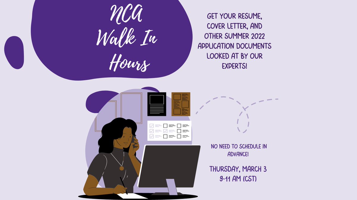 Are you an advanced degree candidate? NCA will be offering virtual drop-in hours on 3/3 from 9-11 AM for advanced degree candidates to look over application documents for summer 2022 deadlines. No need to schedule in advance. Log-in instructions: spr.ly/6010KjsE8