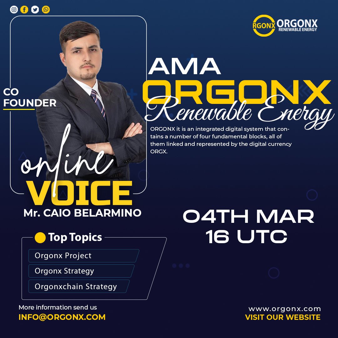 🚨 Upcoming ORGONX Voice AMA!

✅ Event: Orgonx voice AMA
✅ Where: t.me/OrgonxCommunity
✅ When:04th Martch 04:00PM UTC
✅ Prize:$100 split between 5 winners
 Voice AMA segments :
Segment 1:Project Introduction
Segment 2:Selected question from Twitter
 Segment 3:Live Session