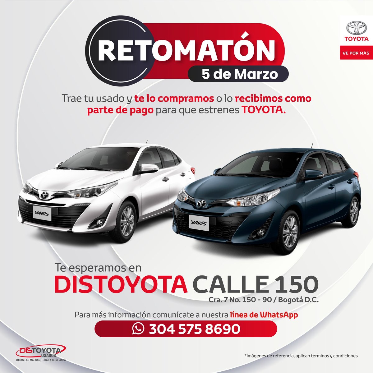 Acompáñanos este próximo sábado 05 de marzo en la gran RETOMATÓN de nuestra sucursal de Distoyota Calle 150. 

Escoge el Toyota de tus sueños y déjanos tu vehículo usado, lo recibimos como parte de pago. 🚘🔥

¡Te esperamos! #distoyota #granferiaderetomatondistoyota