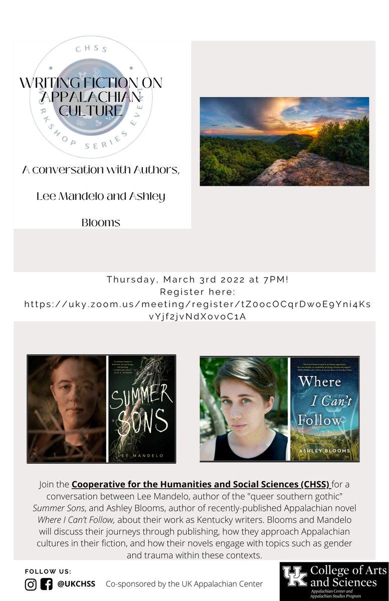 ukchss's tweet photo. Don't forget to join CHSS tomorrow on March 3rd for an interesting talk with Appalachian authors, Lee Mandelo and Ashley Blooms!! More information below https://t.co/vOdspbXFt7