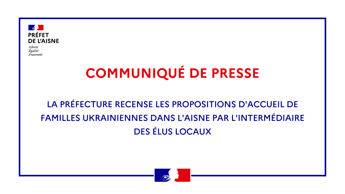 Prefet02's tweet photo. 🔴 Communiqué de presse :
La préfecture recense les propositions d’accueil de familles ukrainiennes dans l’Aisne par l’intermédiaire des élus locaux.

➡️ https://t.co/RmZdmOoFSx https://t.co/4ePk8wyAHJ