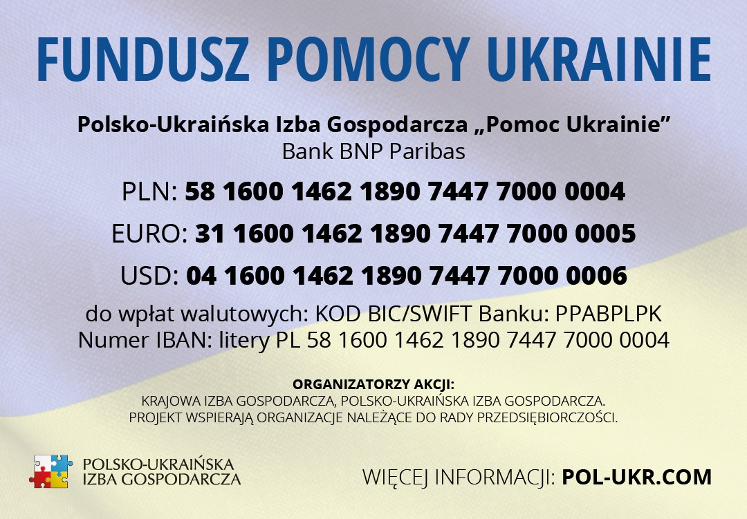 Uwaga - pilne: Powstał FUNDUSZ POMOCY UKRAINIE. Organizatorzy akcji: Krajowa Izba Gospodarcza, Polsko-Ukraińska Izby Gospodarczej. Projekt wspierają organizacje należące do Rady Przedsiębiorczości. 

#ukraina #pomocukrainie #puig #ukrainy