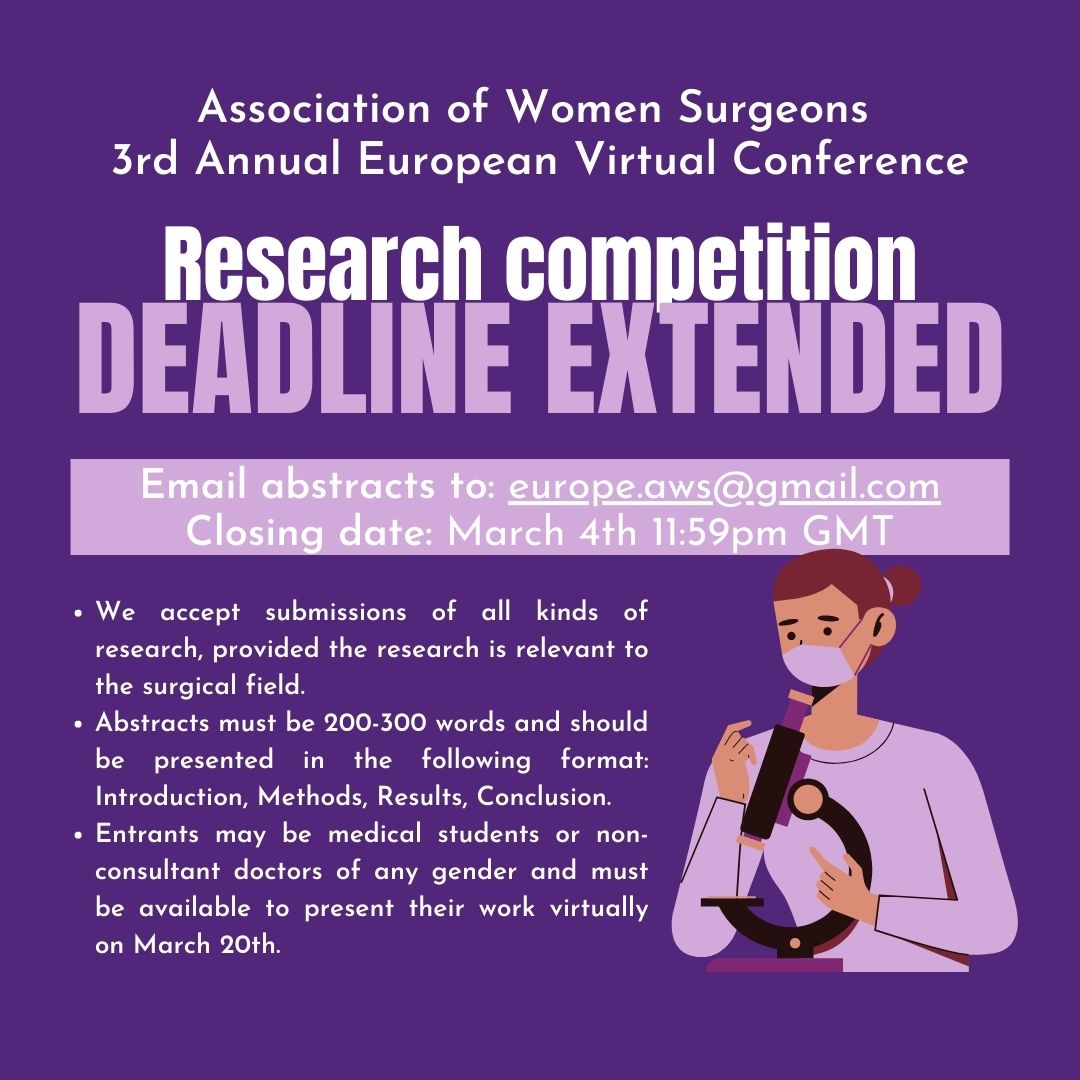 Bristol WinS (@bristolwins) on Twitter photo Our research competition deadline has been EXTENDED! You now have until 4th March to send us your abstracts. All entries or questions should be sent to europe.aws@gmail.com
#Research #MedStudentTwitter #Surgery Our research competition deadline has been EXTENDED! You now have until 4th March to send us your abstracts. All entries or questions should be sent to europe.aws@gmail.com
#Research #MedStudentTwitter #Surgery