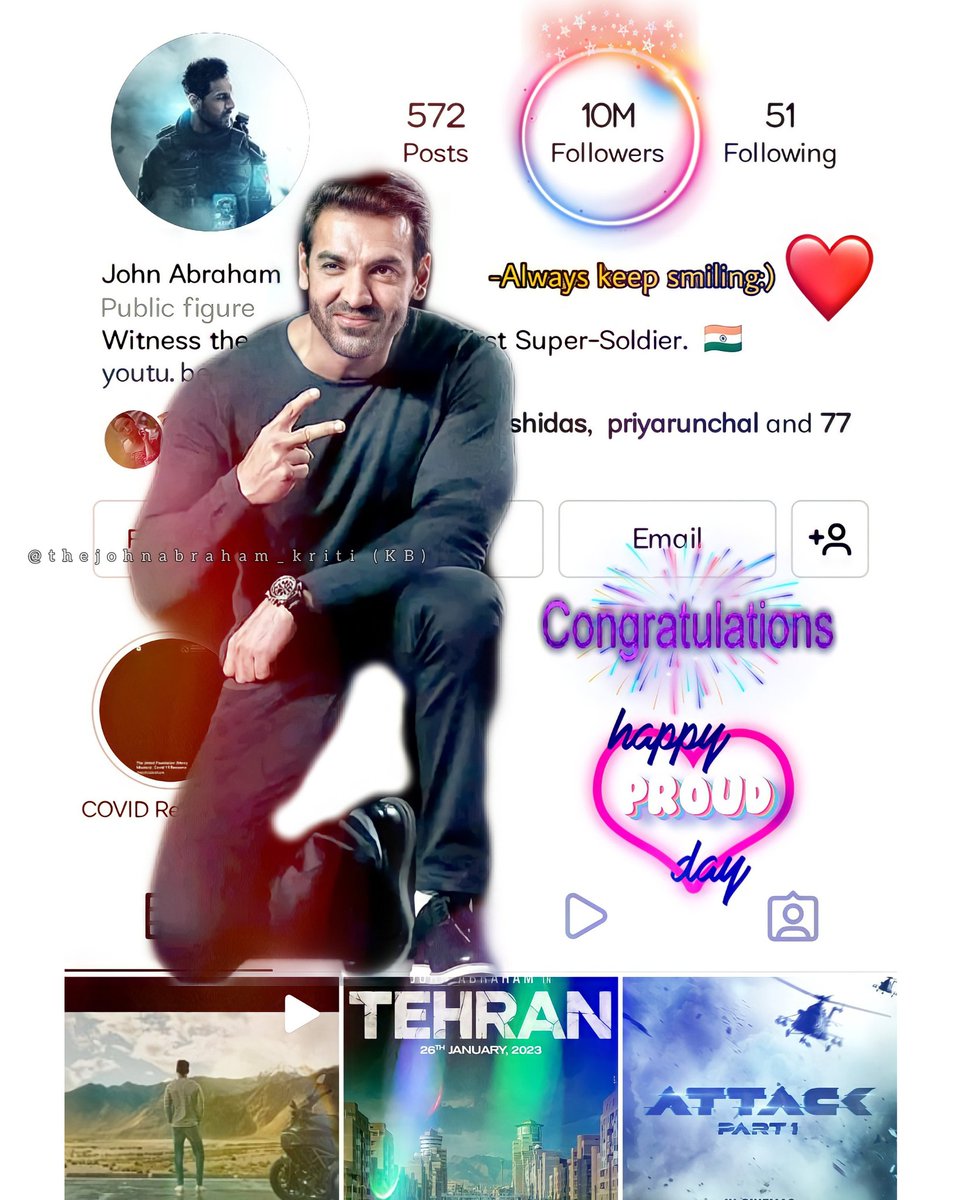 John_abraham_KB's tweet photo. Jst hv a look into his top three #Instafeeds

➡️#Pathaan #Tehran #Attack

3 back to back Action Movies in a row‼️
Our man is literally on fire🔥

Heartiest congrats my love for completing 10M on Insta👍
U deserve all the❤️of d world @TheJohnAbraham🌹

#JohnAbraham #ProudFanMoment https://t.co/PFBUrOclux