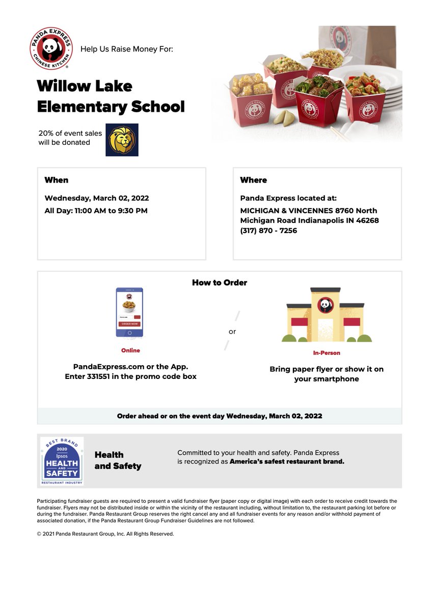 Today's the day! 🥡Dine in or carry out from Panda Express🥡 at 8760 Michigan Road from 11-9:30 and let them know you're dining for Willow Lake. If ordering online, use our unique code 331551 for orders placed on order.pandaexpress.com or the Panda app