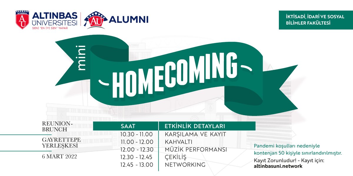 AltinbasUniv's tweet photo. İktisadi, İdari ve Sosyal Bilimler Fakültesi mezunlarımız ile “Mini Home Coming” etkinliği'ndeyiz. Kahvaltı, müzik, sürprizlerle dolu etkinliğimize seni de bekliyoruz. 🤩
📩Kayıt için: https://t.co/nUJvuR89H2

@altinbas_iisbf 
@altinbasalumni https://t.co/q29oPc9Y7y