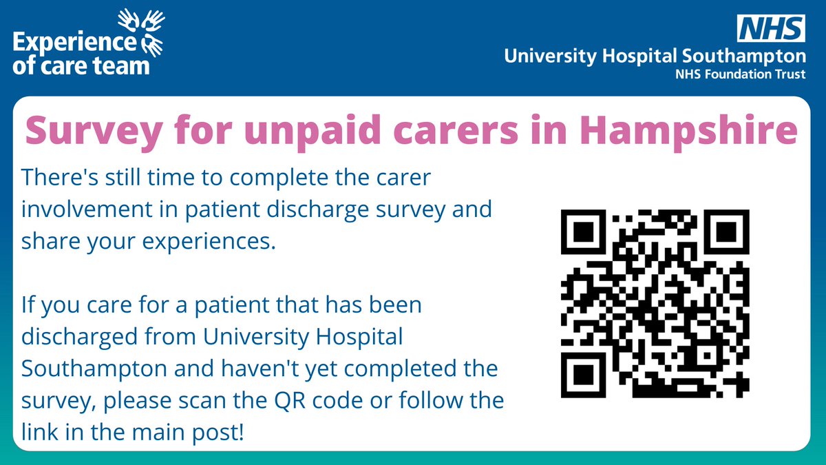 Kieran Fifield π (@kwfifieldnhs) on Twitter photo There's still time to complete the <a href="/WecareUHSFT/">Experience of Care at UHSFT</a> carer involvement in patient discharge survey
To complete the survey visit gthr.co.uk/8543
Any questions? Email CarerExperience@uhs.nhs.uk
Thank you if you have already completed the survey
<a href="/UHSFT/">University Hospital Southampton π</a> <a href="/SotonChildHosp/">Southampton Children's Hospital</a> There's still time to complete the <a href="/WecareUHSFT/">Experience of Care at UHSFT</a> carer involvement in patient discharge survey
To complete the survey visit gthr.co.uk/8543
Any questions? Email CarerExperience@uhs.nhs.uk
Thank you if you have already completed the survey
<a href="/UHSFT/">University Hospital Southampton π</a> <a href="/SotonChildHosp/">Southampton Children's Hospital</a>