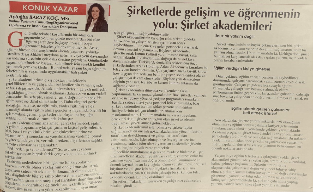 BirmanConsult's tweet photo. Kıbrıs Gazetesi Ekonomi ekinde yine konuk yazar olarak yer aldık. Danışmanımız Aytuğba Baraz Koç'un kaleme aldığı köşe yazısının başlığı "Şirketlerde gelişim ve öğrenmenin  yolu: Şirket Akademileri! "#akademi #academy #insankaynakları #humanresources #İK #HR  #gelişim #öğrenme https://t.co/SRQAqAJ3WI