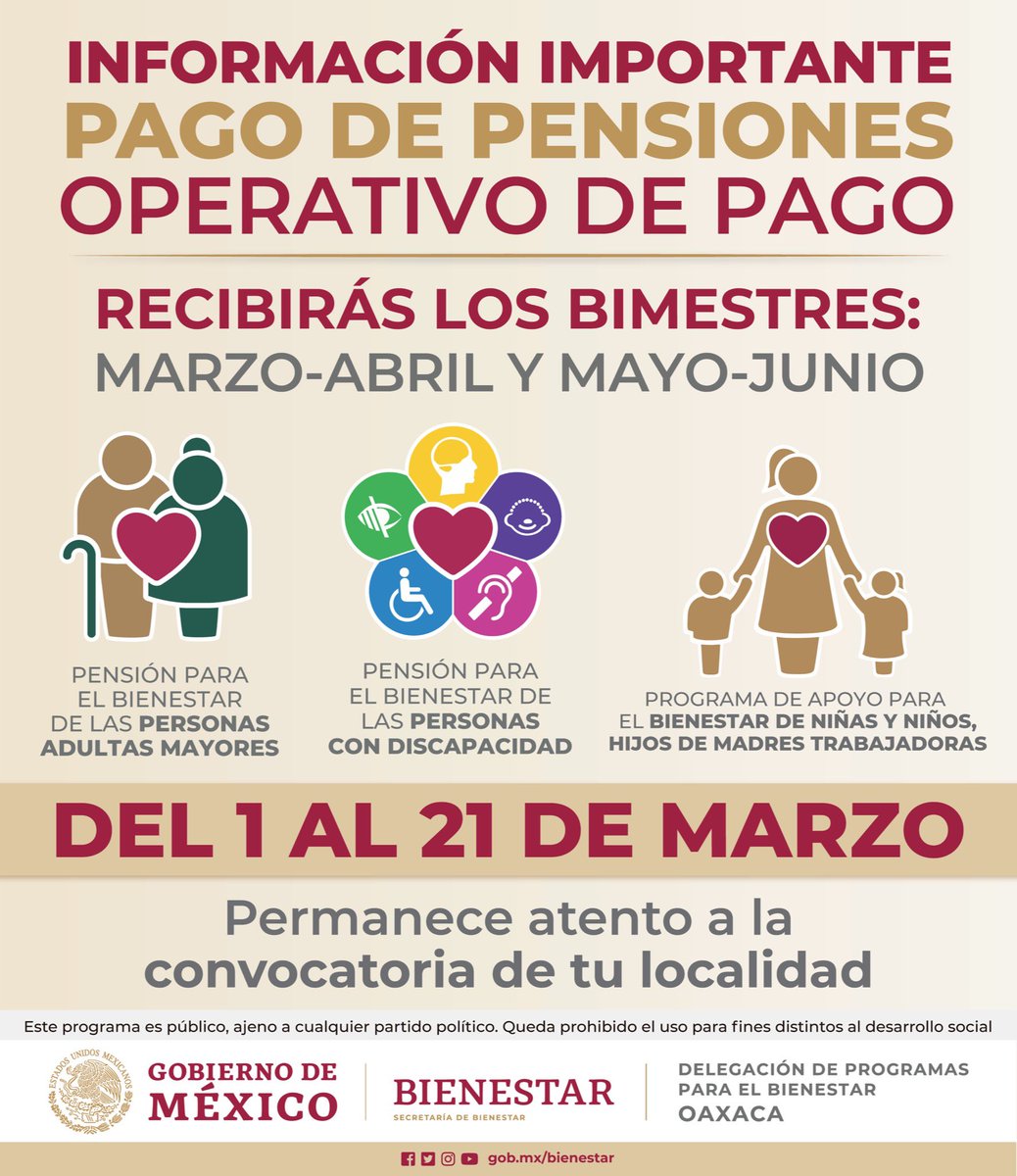 NancyOrtizOax's tweet photo. Del 1 al 21 de marzo se realizará el pago de las pensiones de los Programas Prioritarios; les pido estar atentos a las convocatorias en cada comunidad. https://t.co/53NfseiH9h