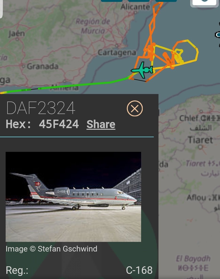 MilRadar's tweet photo. 🇩🇰 Fuerza Aérea Danesa #Bombardier CL-600 #Challenger #C168 en patrulla #Frontex frente a la costa de #Cartagena y tras partir de #Málaga https://t.co/sylHQkwAhz