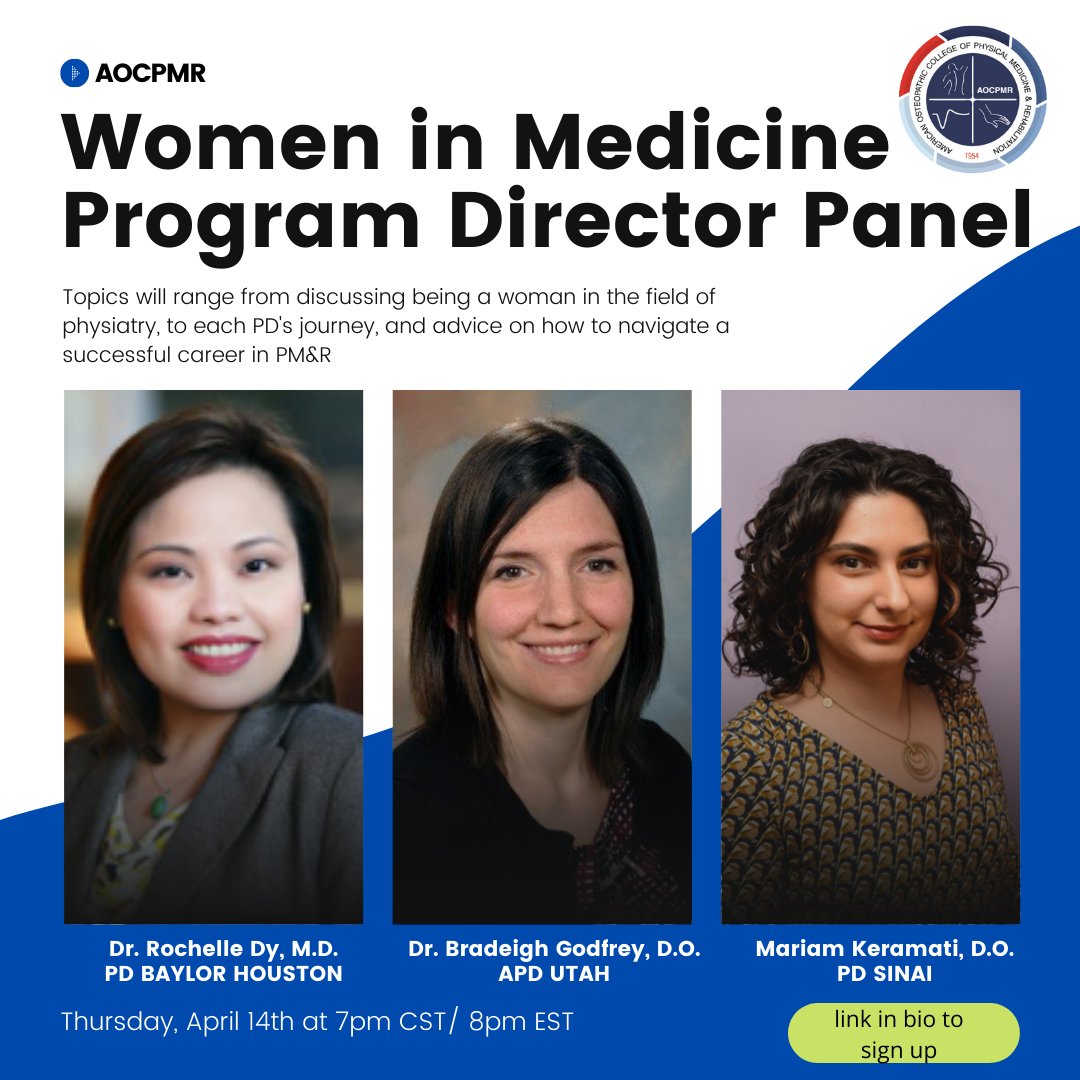 ⭐️Join us for a pre-MYM event: Women in Medicine Program Director Panel.  Thursday, April 14th at 7pm CST /8pm EST. Information below! 👇 #physiatry #womenshistorymonth #womeninmedicine #PDpanel