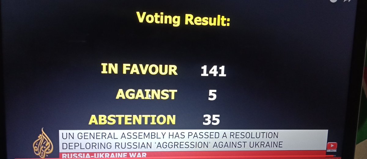 NgorMabor's tweet photo. Just in:
#SSOT your country with 34 others have abstained from voting over the Ukraine crisis draft resolution.
However, it has been passed successfully.
#UNGAvote 👇 https://t.co/JnX9dhXwxs