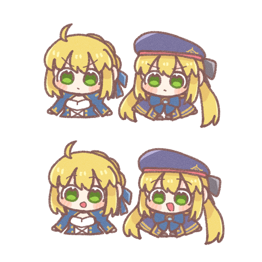 artoria caster (fate) ,artoria caster (second ascension) (fate) ,artoria pendragon (fate) green eyes hat blonde hair ahoge white background simple background blue headwear  illustration images