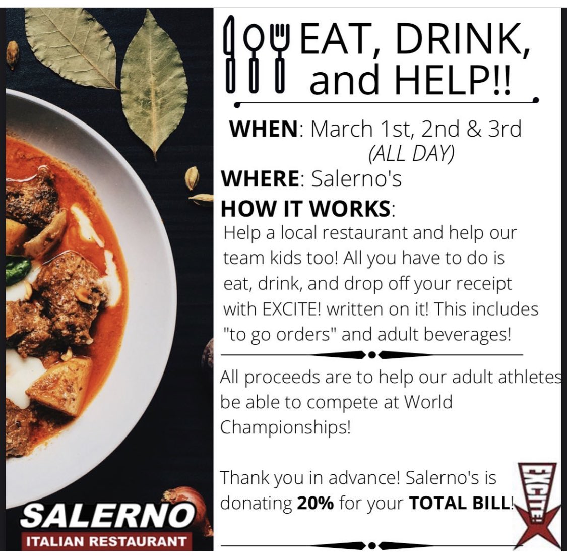 ExciteStealth's tweet photo. Grab Dinner at Salerno’s this week and write EXCITE! to help raise funds for travel to the world championships! https://t.co/WOYOsH5xQ6