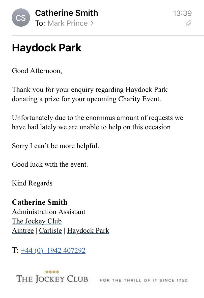 princey_prince's tweet photo. I’ve been to Haydock Park many many times over the years.

I’m organising a charity night raising money for children with cancer.

I contacted the @TheJockeyClub to see if they’d donate some tickets for the raffle. Not much of an ask…….. you’d think. Really poor from them 😡 https://t.co/Y2O5bGtTm4