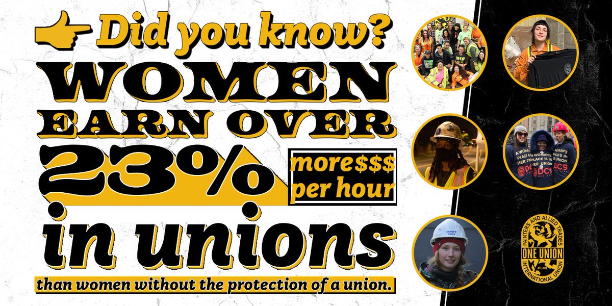 GoIUPAT's tweet photo. Unionized women earn 23% more hourly than those without a union.

That's the material difference unions like ours make. https://t.co/F9VVf23FEr