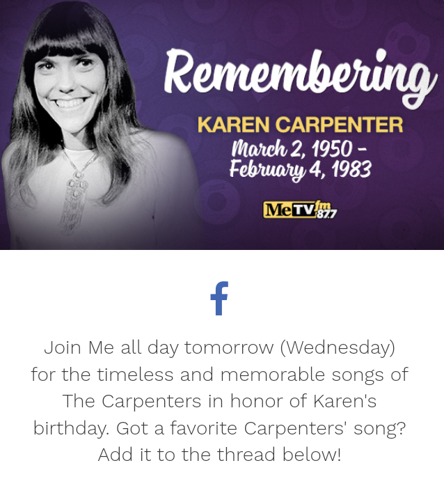 VenusInMomJeans's tweet photo. Saluting Great Artists for #WomensHistoryMonth #TwoAtTen on the radio at 10am and 10pm @MeTVFM 87.7FM or https://t.co/fBT7nll9Ay
Saluting #KarenCarpenter!!! #HappyHeavenlyBirthday π
For 10am #MeTVFM played the #Carpenters #Solitaire and #PleaseMrPostman. I love their songs. https://t.co/gHN6ltWqQt