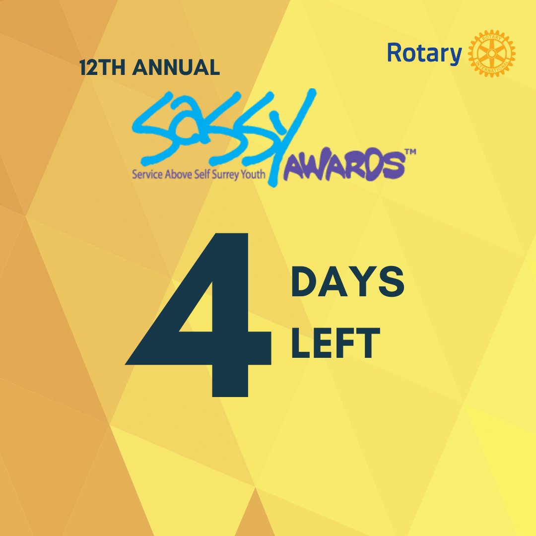 SASSYawards's tweet photo. 4 DAYS LEFT: Nominations for the 12th Annual SASSY Awards close March 6th at 11:59pm (PST). There’s still time to get your nominations in, make sure the following is included:

1. Nomination Form
2. Two Seperate Reference Letters
3. Candidate Serve Table
.
.
.
@thecityofsurrey https://t.co/OFlk5EjNw9