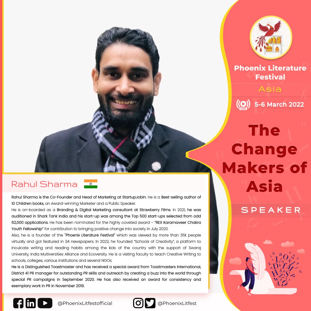 PhoenixLitfest's tweet photo. Meet the speaker: PLF Asia

Rahul Sharma is the Co-Founder and Head of Marketing at @StartupJobIn. He is a Best-selling author of 10 Children books, an Award-winning Marketer and a Public Speaker.
@TruelyR 

#plfasia #plftalks #asianlitfest #asianevent https://t.co/fc2WfWjJo2