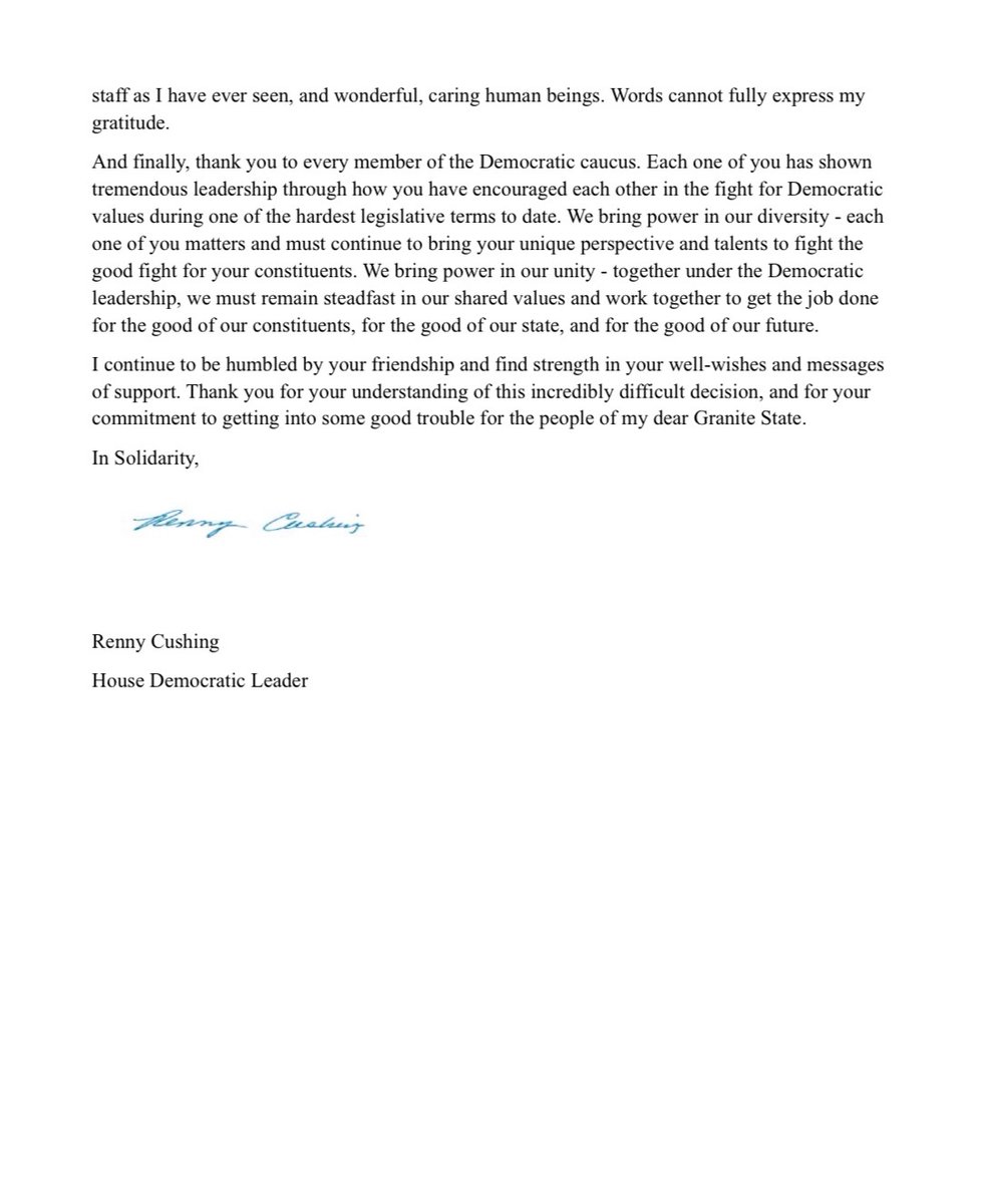 NHHouseDems's tweet image. "With great reluctance, I will be taking a medical leave of absence from the position of Democratic Leader. I have fought my entire life for the people of NH and served in the legislature 30+ years - but for now, I need to focus on another fight." - @rennycushing #NHPolitics