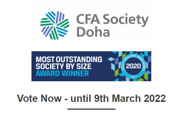 CfaDoha's tweet photo. Dear CFA Society Doha Members,

Voting for Directors is now open and will remain open until March 9th, 2022. Please cast your vote using the link below for 3 new Board of Directors.

Vote Now (https://t.co/VAdYiwamI5) https://t.co/fh3f6zXDVK