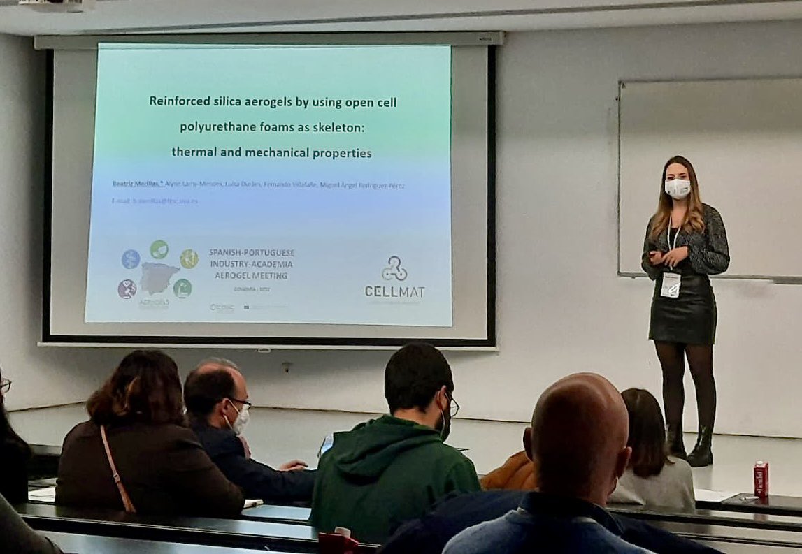 BioEcoUVa's tweet image. Beatriz Merillas de #Cellmat @BioEcoUva ha presentado: “Reinforced silica aerogels by using open cell polyurethane foams as skeleton: thermal and mechanical properties” en el &quot;Spanish-Portuguese Industry-Academia Aerogel Meeting&quot; AERoGELS CA18125 COST Action. #COSTaction