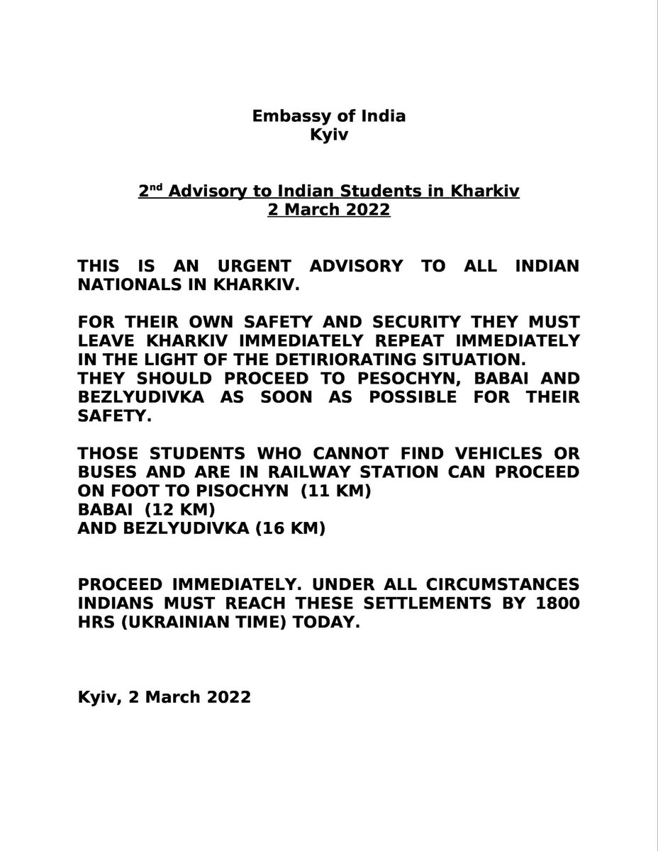 DarshanBisu's tweet photo. 2nd Advisory to Indian Students in Kharkiv
2 March 2022.

@MEAIndia @PIB_India @DDNewslive @DDNational https://t.co/QsypidNp9n