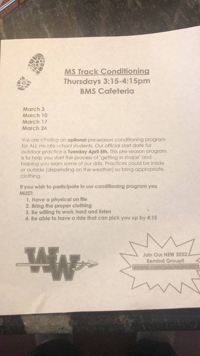 MDennisuk's tweet photo. Hey MS Tracksters we start preseason conditioning after school Thursday 3/3 at BMS https://t.co/awZkSh3Yht