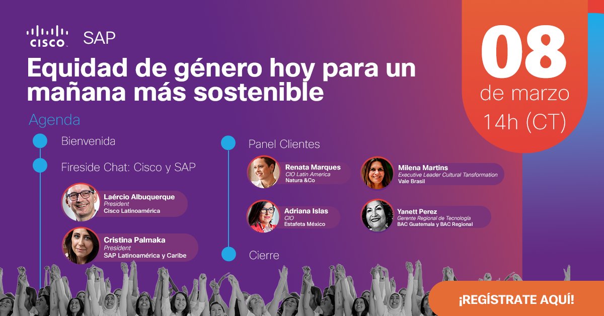 Laercioabq's tweet photo. You can't have a sustainable or competitive workforce without #GenderDiversity. 
 
In honor of #InternationalWomensDay, join @cristinapalmaka from @SAPLatinAmerica and I on March 8 for a fireside chat on gender equality. Sign up now below. 
https://t.co/D3hP4Fvx9z
@CiscoLatam https://t.co/ntkIlRFtBl