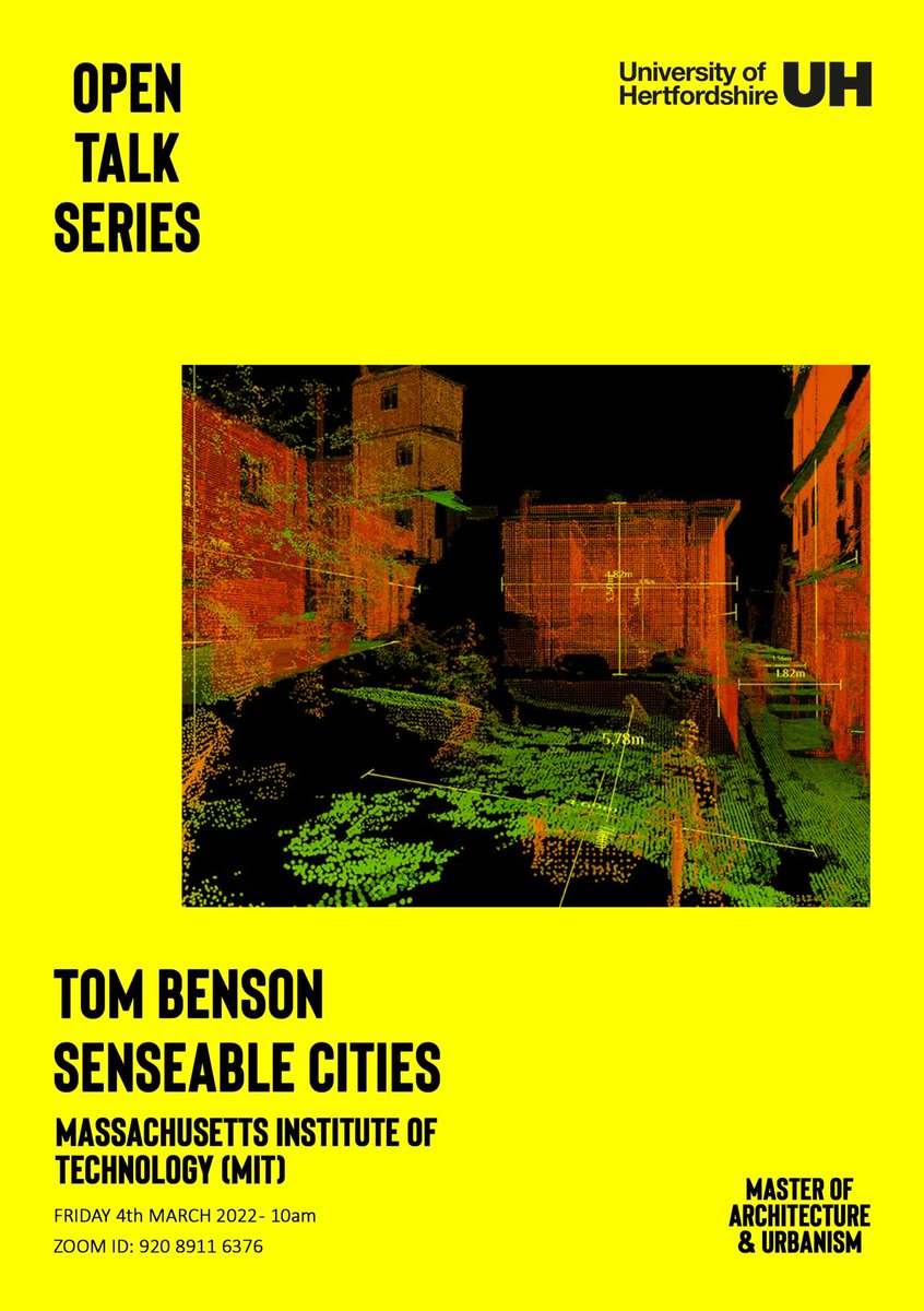 Join MArch studio at @UniHertsArts this Friday for a lecture on ‘Senseable Cities’ by Tom Benson from <a href="/SenseableCity/">Senseable City Lab</a>. Watch via zoom. <a href="/RIBAEast/">RIBA East</a>
