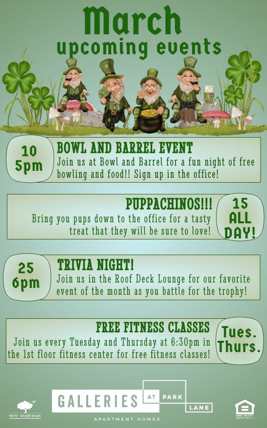 GalleriesParkLn's tweet photo. 🍀 Check out our March events that we have coming up here at Galleries!!! We've got some favorites coming back this month with Bowl and Barrel and of course Trivia Night! Don't miss out on these great times!! 🍀

#galleriesatparklane #thisisnwrliving #marchevents https://t.co/fFjgQFNDvh