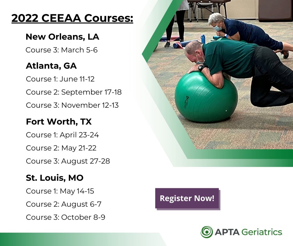 APTA_Geriatrics's tweet photo. Interested in becoming a Certified Exercise Expert for Ageing Adults in 2022? The 2022 CEEAA course dates are now available! Register now: https://t.co/h1qWjs4NZA #ageon #CEEAA https://t.co/5DYWweLn2D