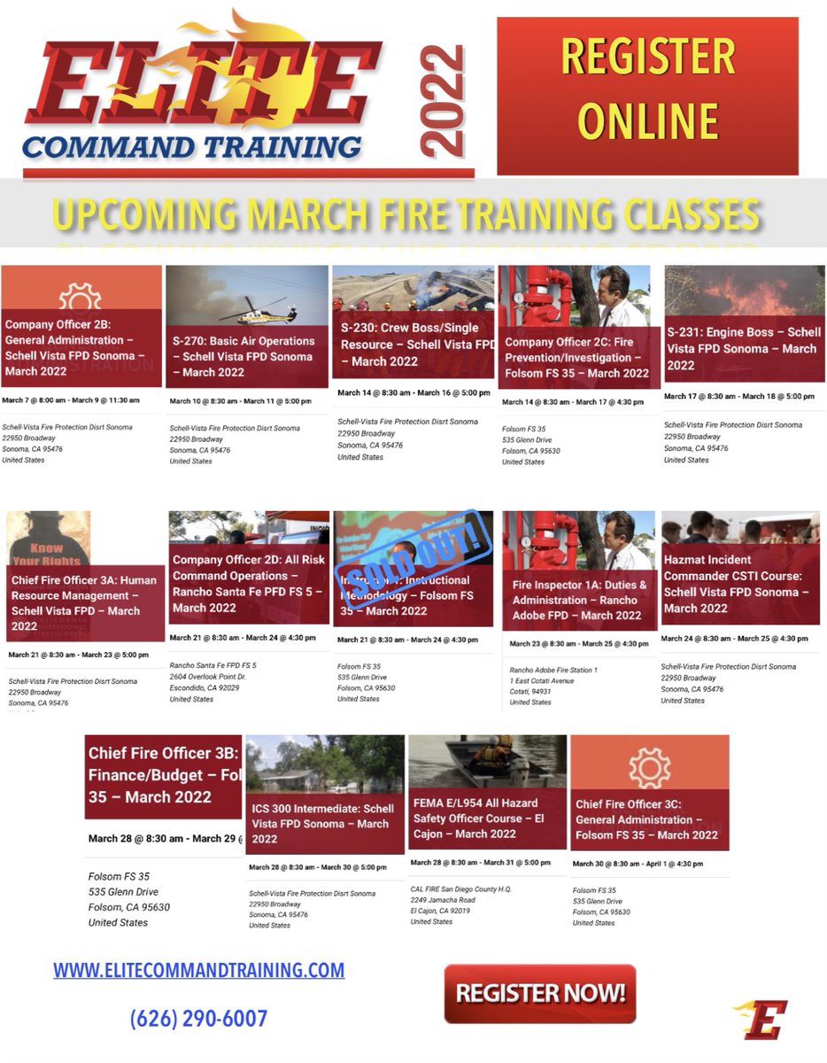 EliteCommand's tweet image. 🍀2022 MARCH FIRE TRAINING COURSES🍀
Classes are filling up fast, REGISTER now at elitecommandtraining.com

#firefighter #companyofficer #incidentcommand #chieffireofficer #wildlandfirefighter #elitecommandtraining  #ricknelsonmedia #chiefmikebryantfolso